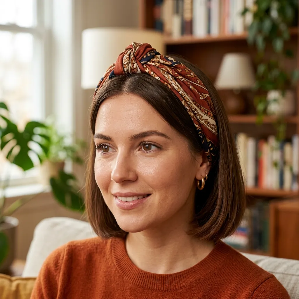 15. Printed Silk Scarf Wrapped at the Crown