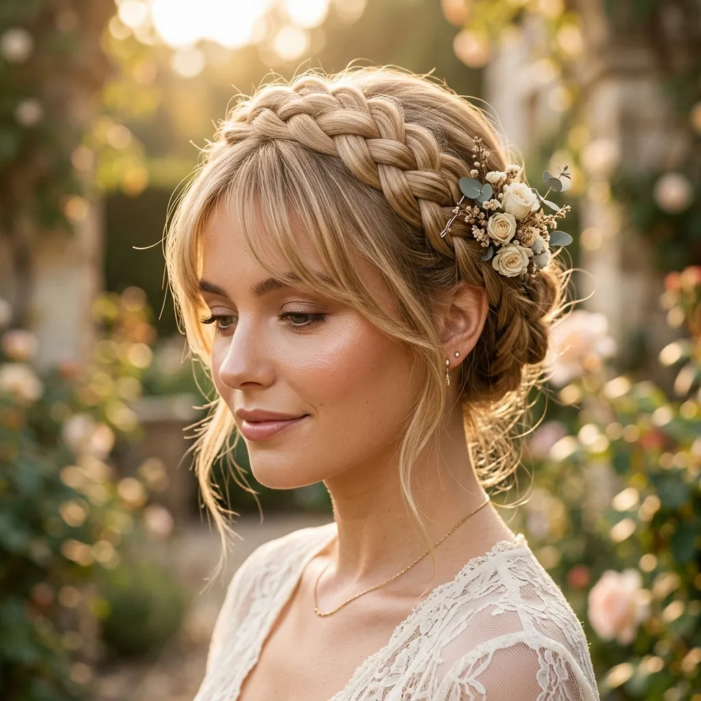 17. Braided Crown with Wispy Bangs Peeking Through Layout Idea