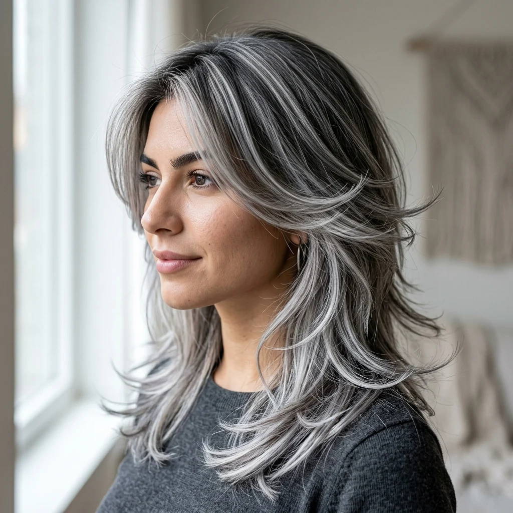 17. Feathered Layers with Silver Balayage