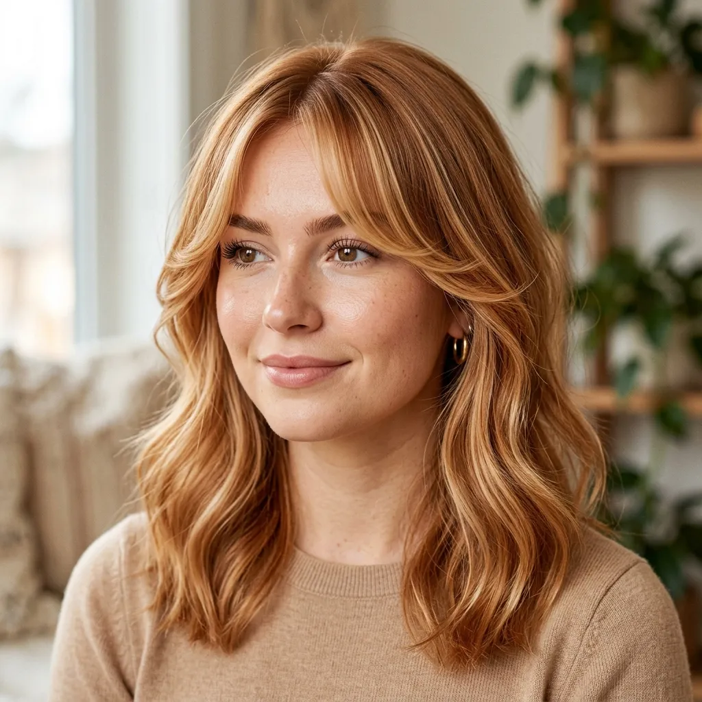 18. Curtain Bangs and Strawberry Balayage Pairing