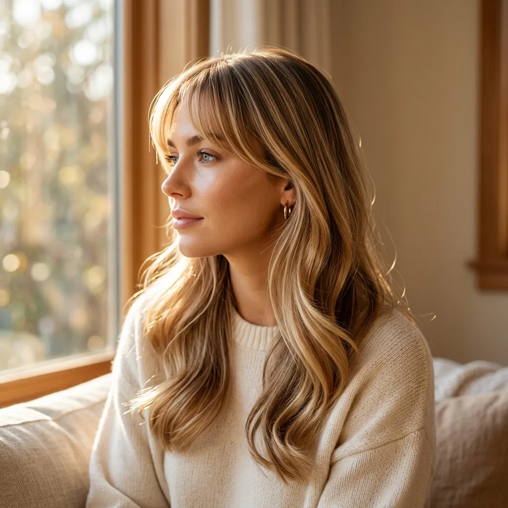2. Buttery Blonde Balayage with Soft Bangs Color Idea