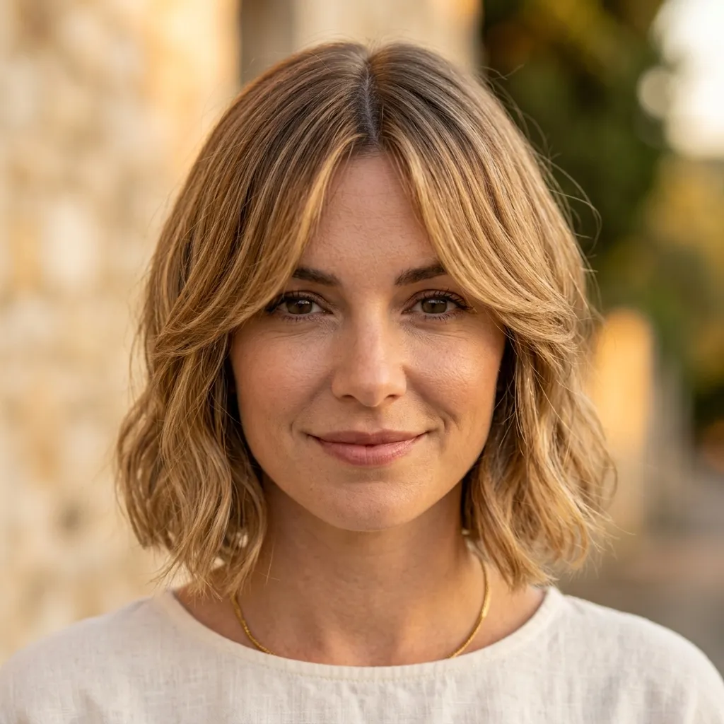 2. Honey Balayage Long Bob with Curtain Bangs