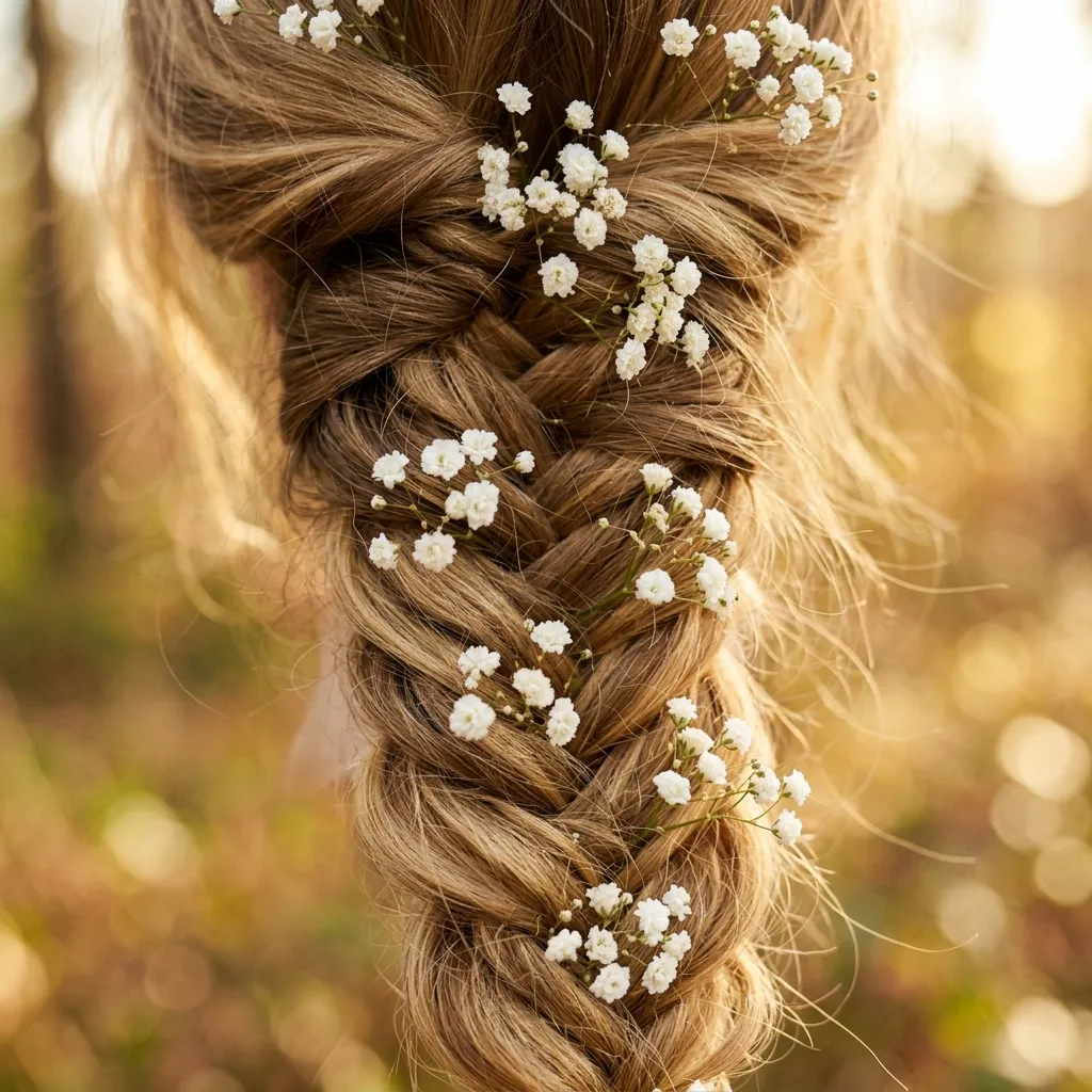 2. Loose Fishtail Braid with Baby's Breath
