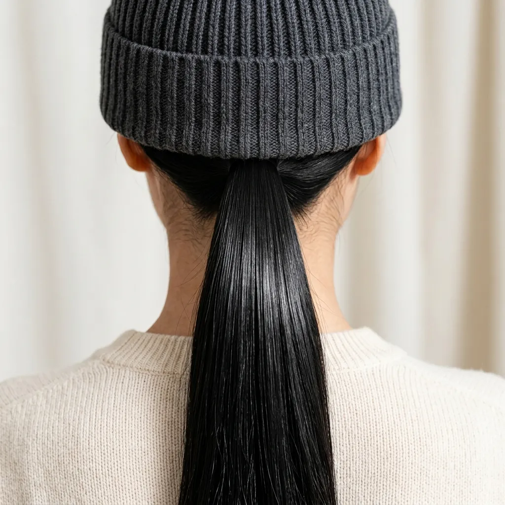2. Sleek Straight Ponytail Under a Ribbed Beanie