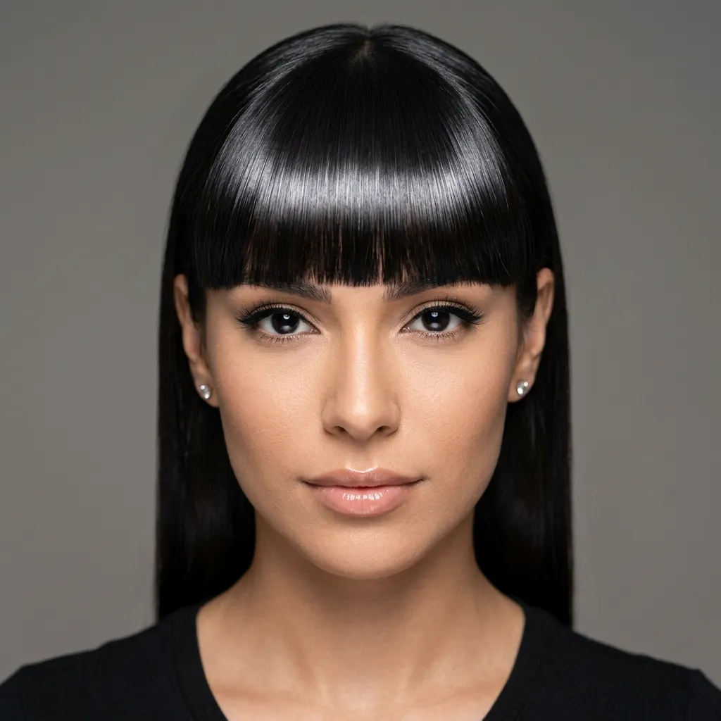 20. Glass-Hair Straight Bangs with High-Shine Finish Texture Idea