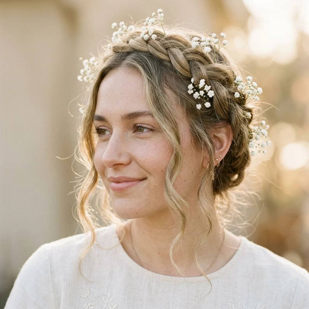 20. Tousled Milkmaid Updo with Baby's Breath Pins