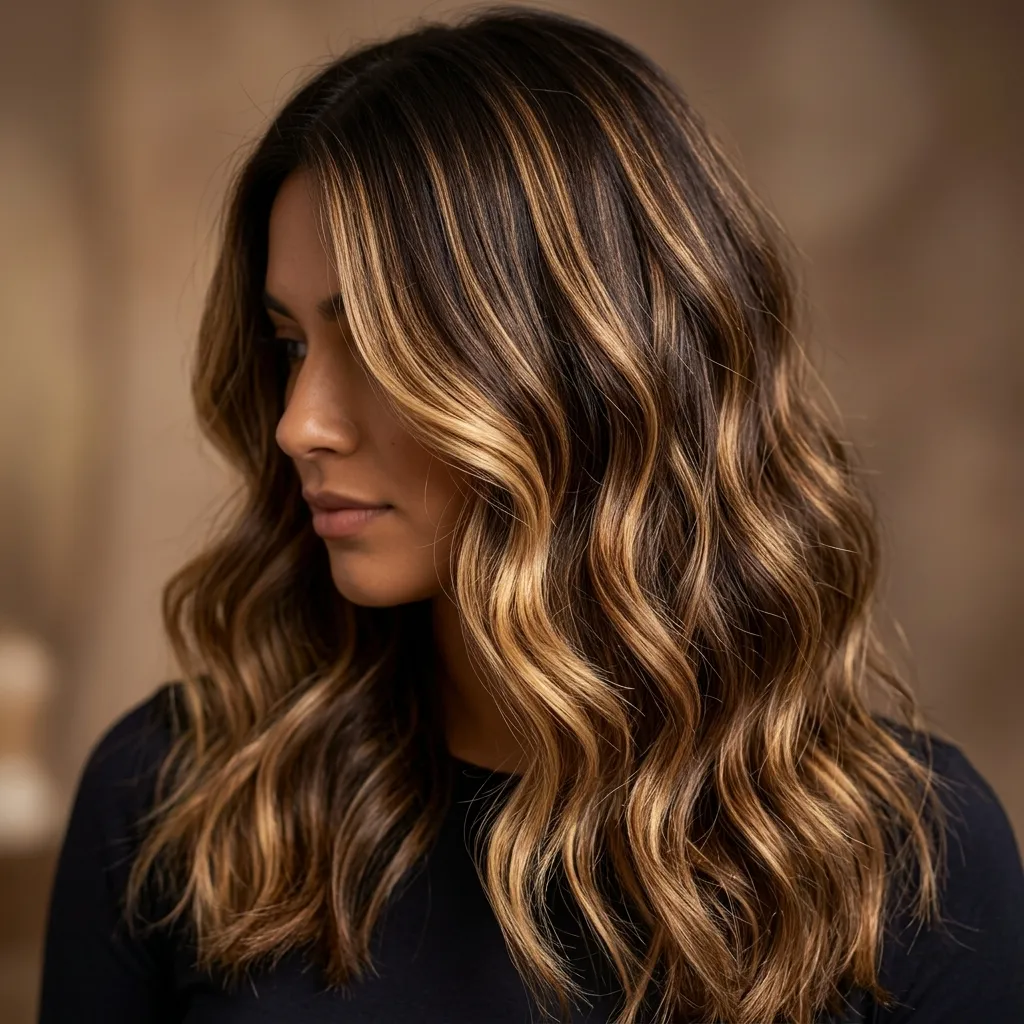 21. Honey Blonde Balayage on Dark Hair with Chocolate Brown Base Contrast