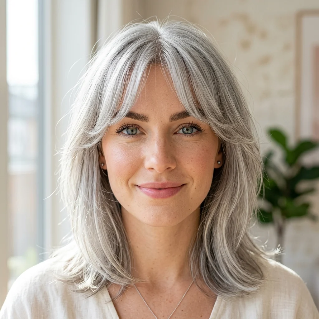 22. Gray Hair with Curtain Bangs