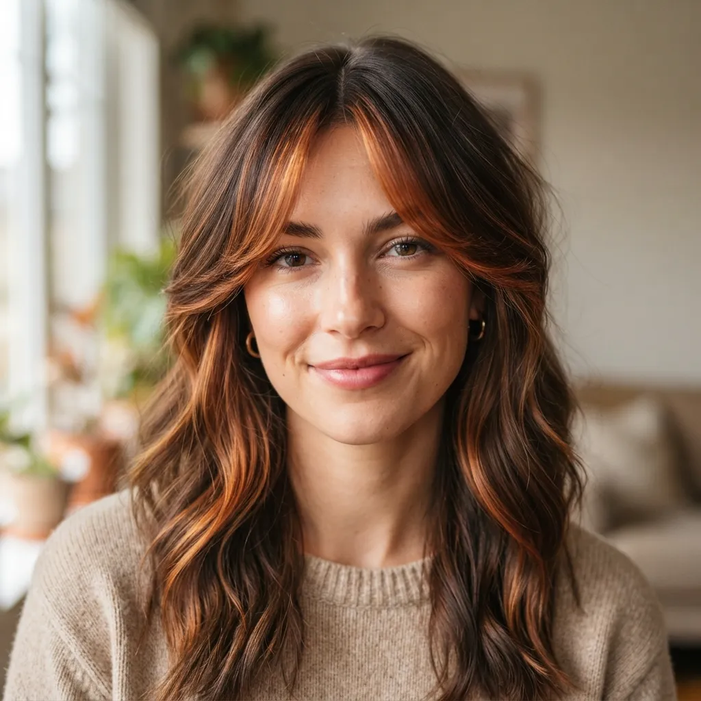 26. Copper Balayage with Curtain Bangs Texture