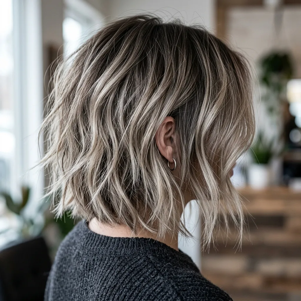 28. Ash Blonde Balayage for a Textured Bob