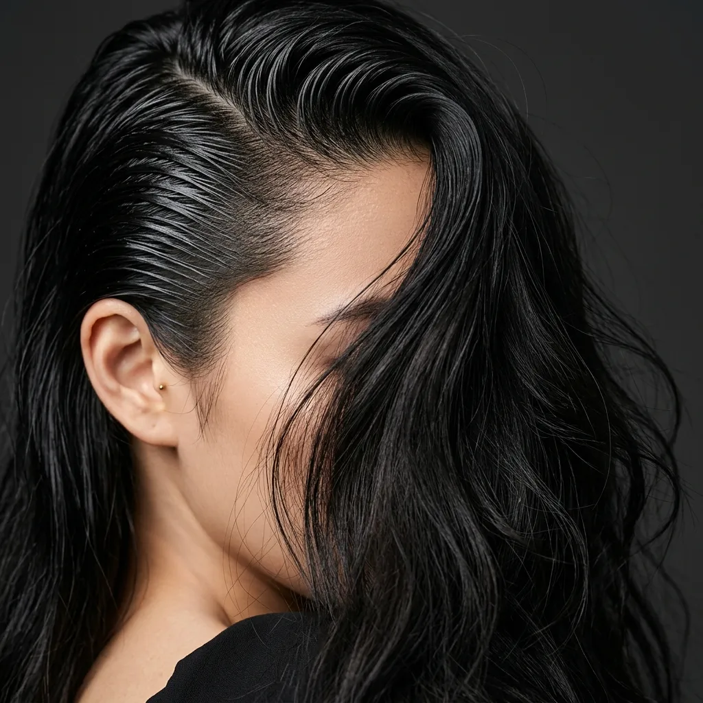 29. Wet-Look Slicked Bangs