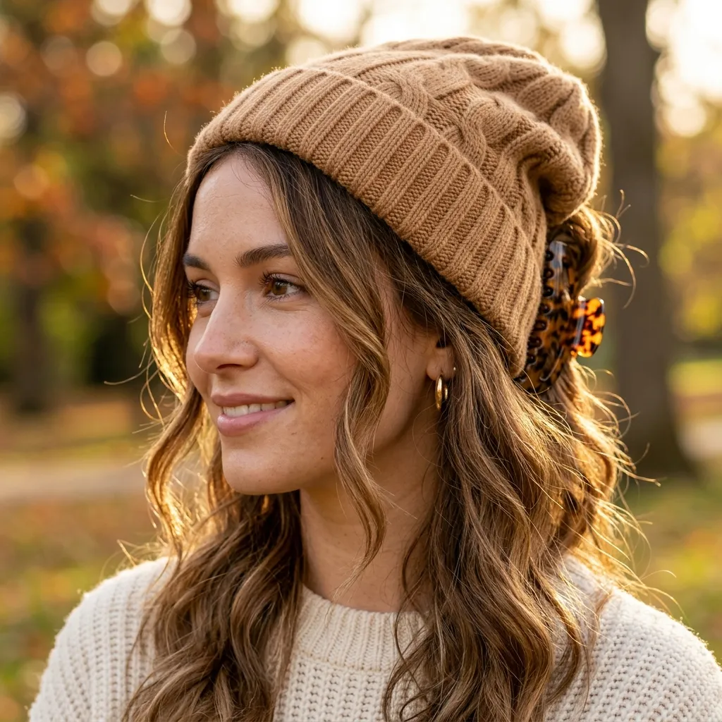 3. Claw Clip Half-Up Under a Slouchy Beanie