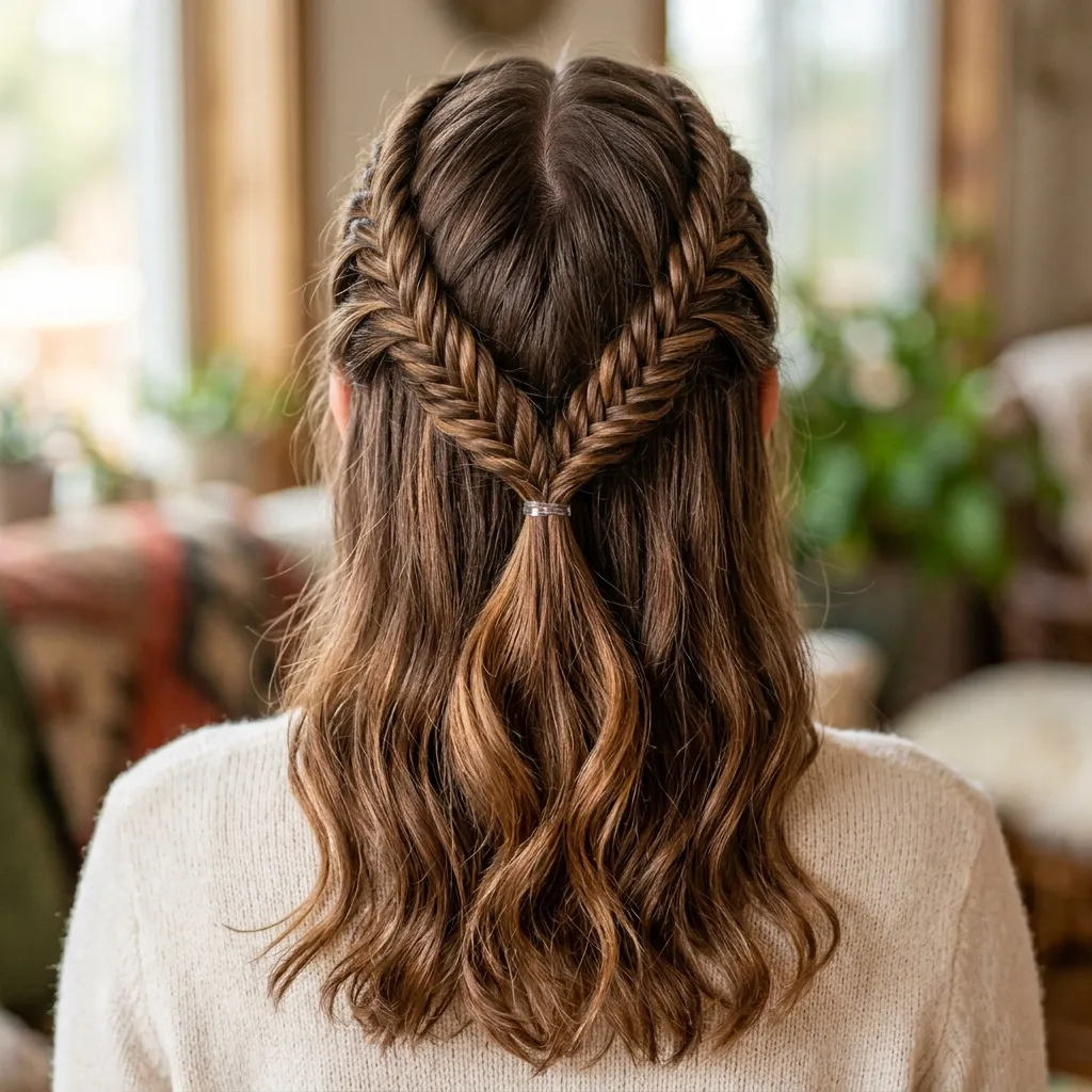 3. Double Fishtail Braids Half-Up