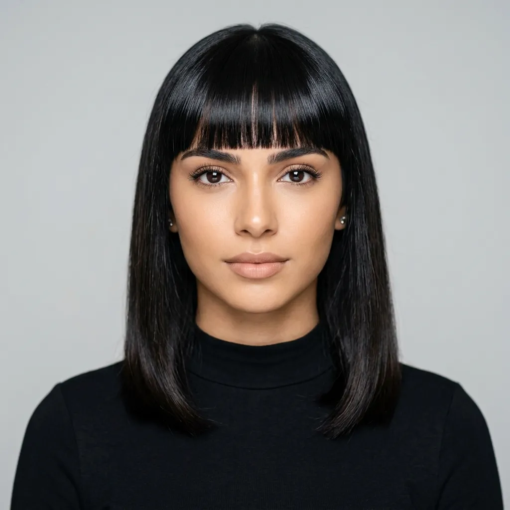 3. Glossy Blunt Bangs for a Sleek Finish Texture Idea
