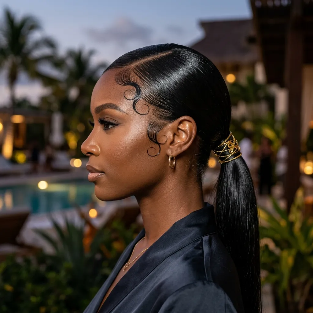 3. Slicked Ponytail with a Deep Side Part and Edge Design