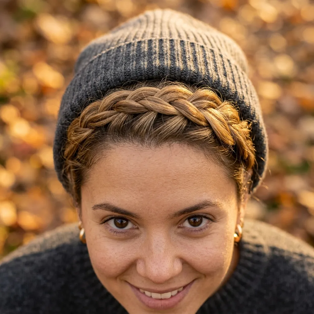 3. The Braided Crown Under a Ribbed Knit Beanie