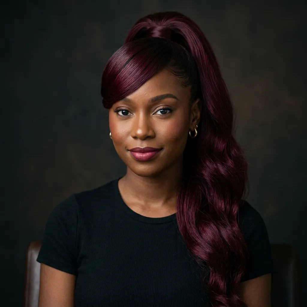 4. Deep Burgundy Weave with Side-Swept Bangs