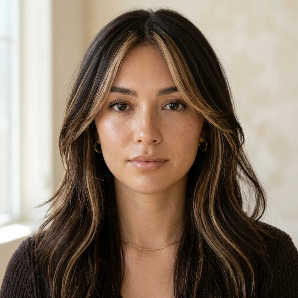 5. Espresso Brunette with Money-Piece Bangs Color Idea