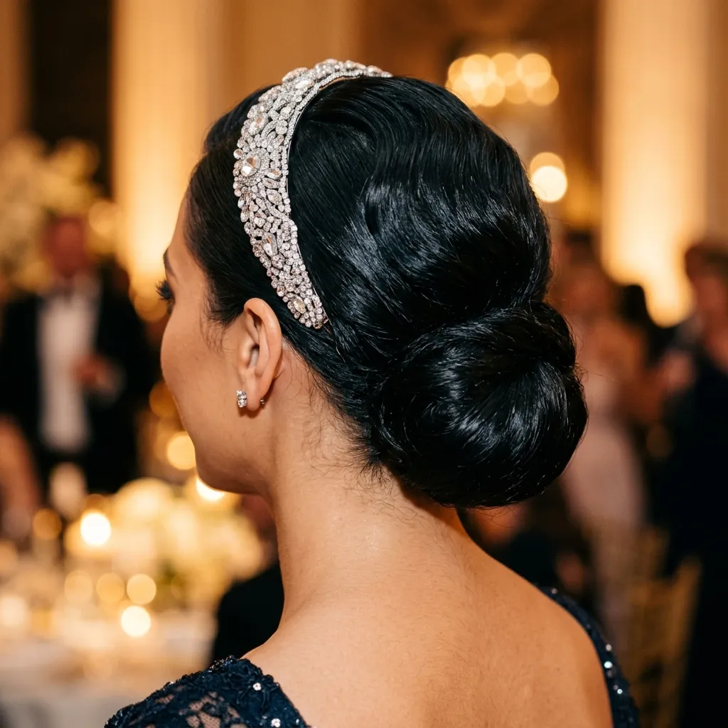 5. Jeweled Headband Anchoring a Retro Updo