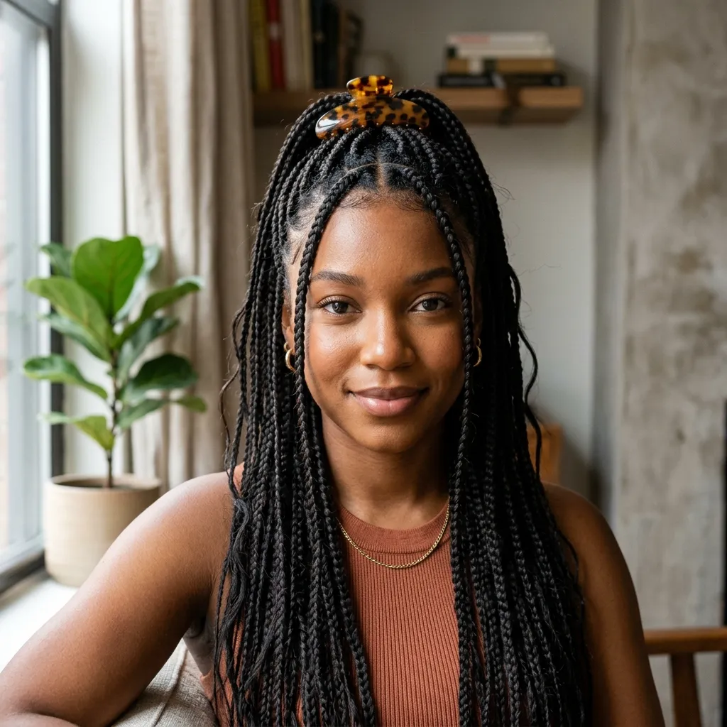 5. Middle Part Box Braids, Half Up Half Down