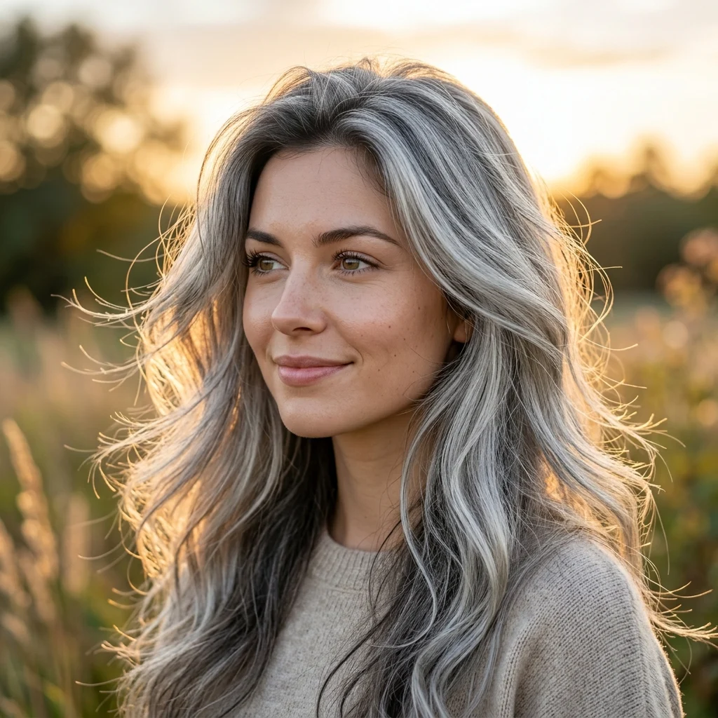 6. Gray Root Smudge on Long Hair