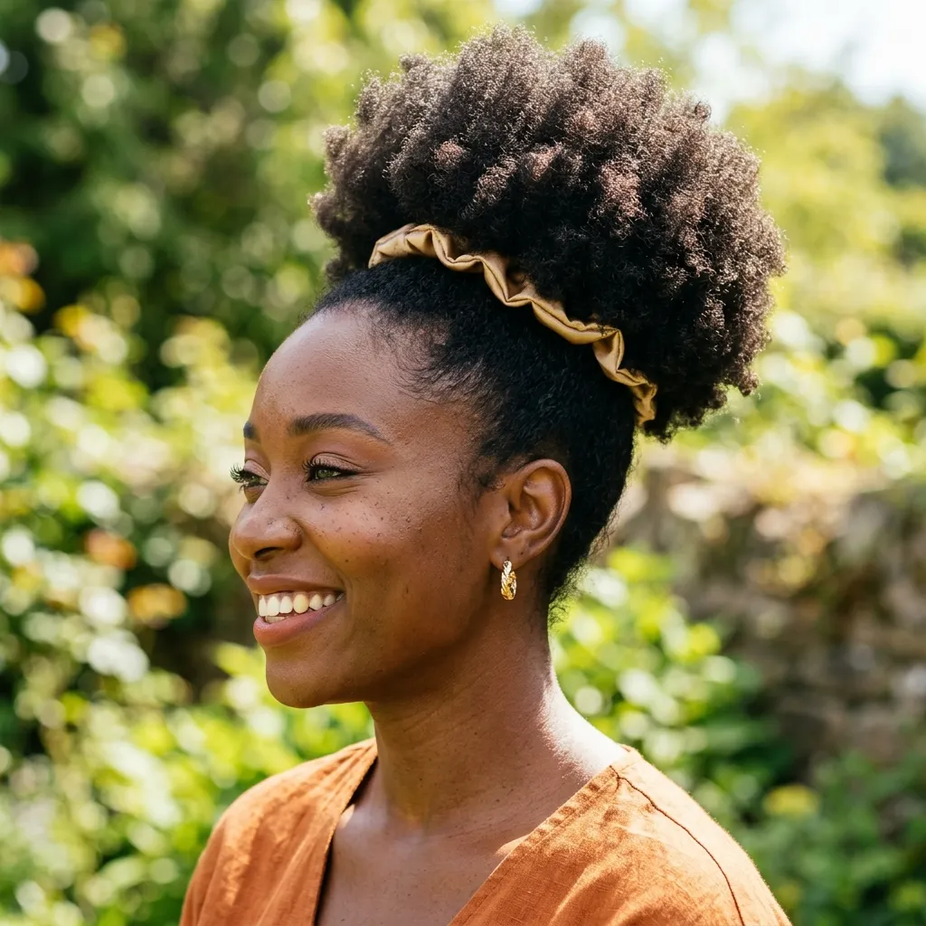 6. High Afro Puff Secured with a Satin-Lined Scrunchie
