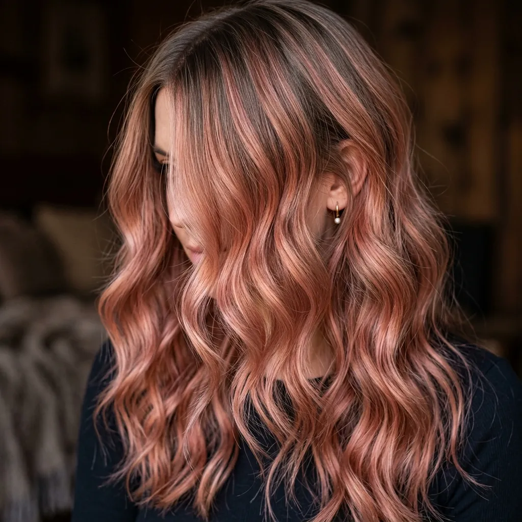 6. Rose Gold Balayage on Dark Blonde Base
