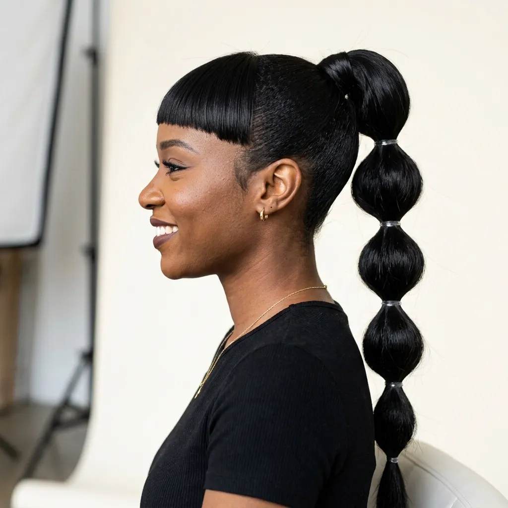 7. Bubble Ponytail with Blunt Baby Bangs