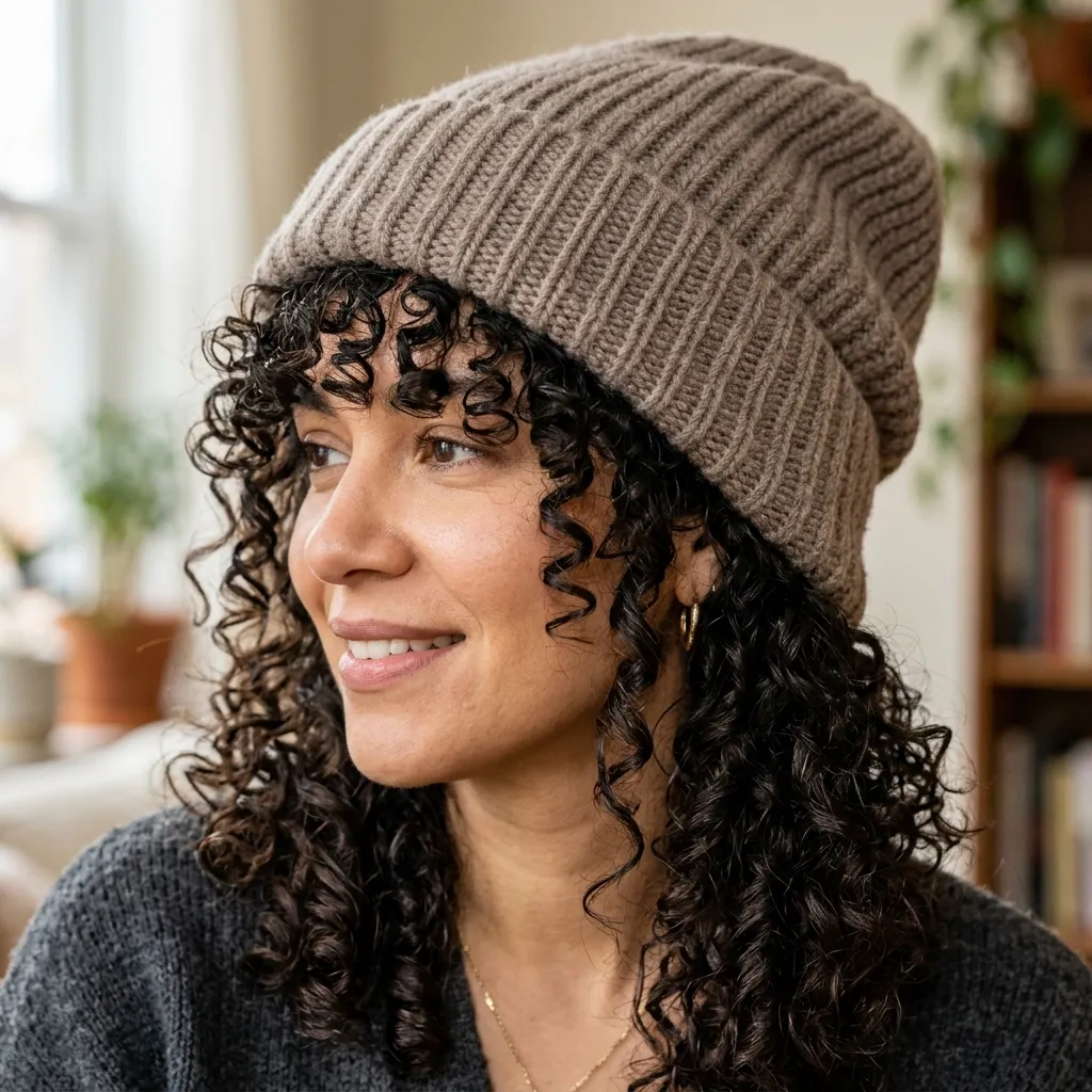7. Curly Wash-and-Go Under an Oversized Beanie