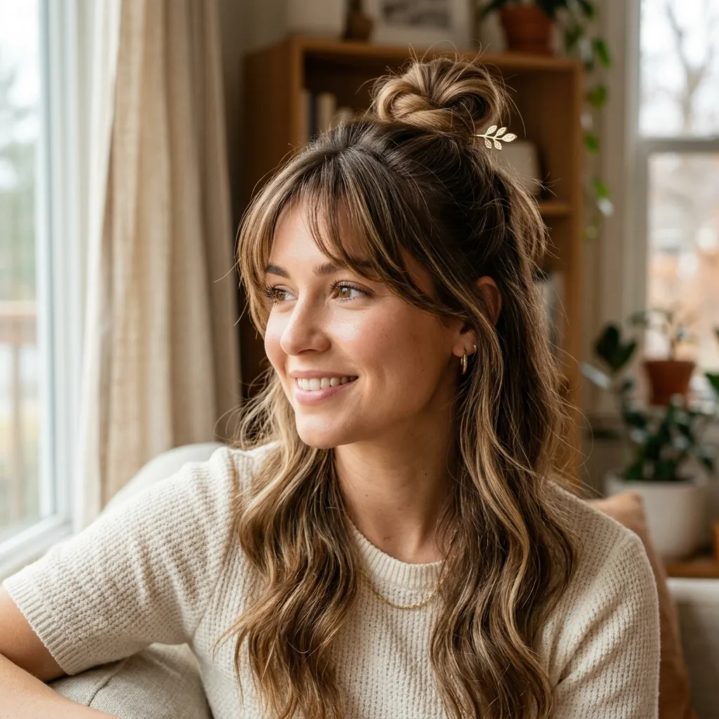 7. Half-Up Topknot with Face-Framing Bangs Styling Idea