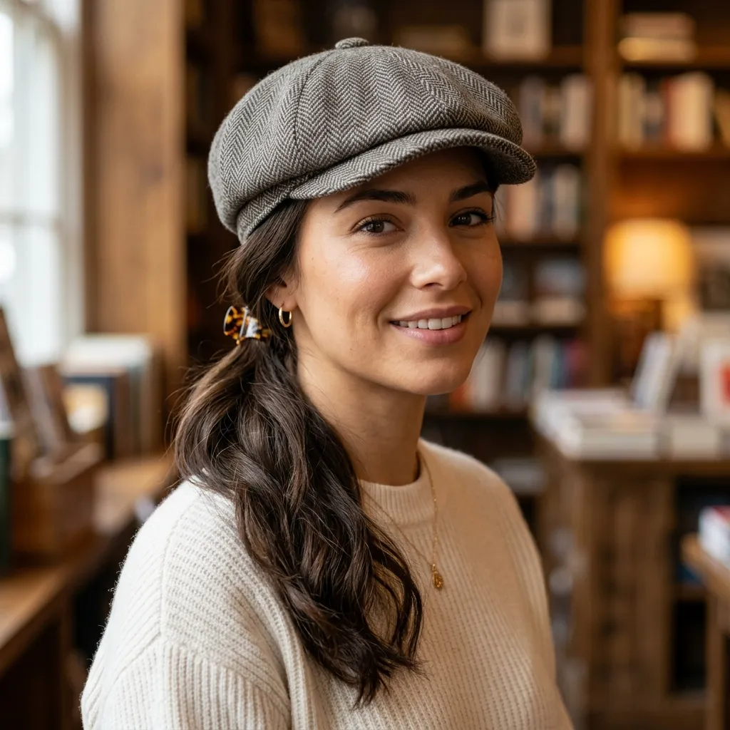 7. Side-Swept Low Ponytail Under a Herringbone Newsboy Cap