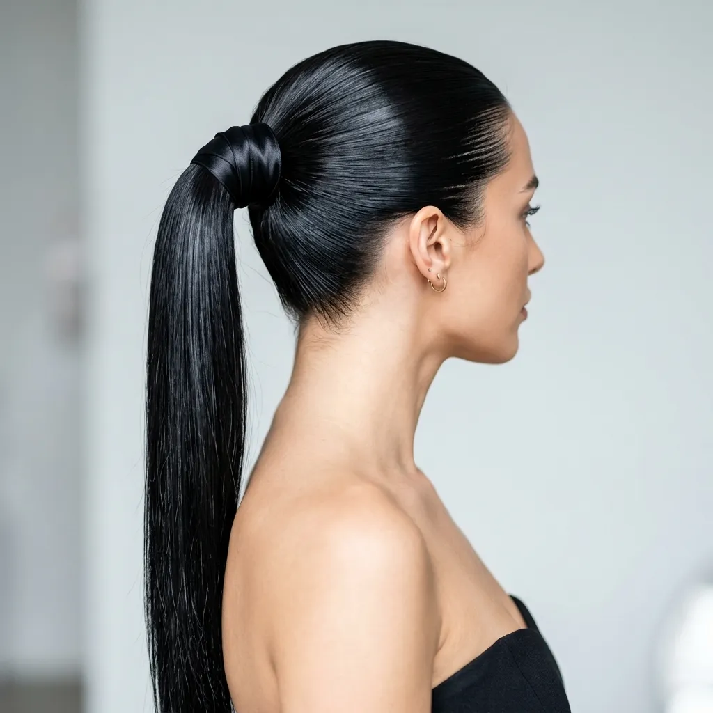 7. Sleek High Ponytail with a Silk Wrap