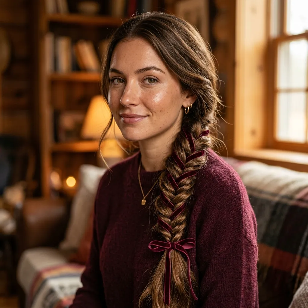 7. Velvet Bow Woven Into a Braid