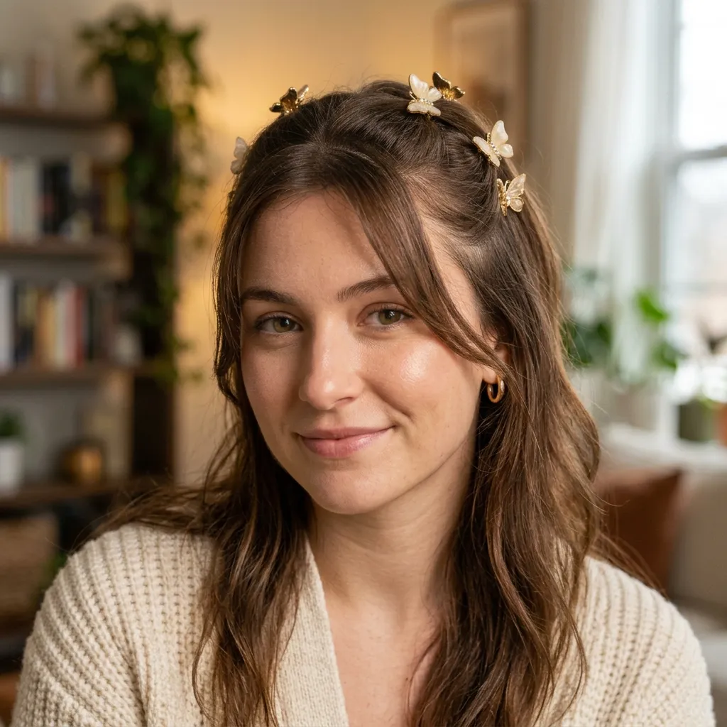 8. Butterfly Clips Pinning Back Beanie-Flattened Hair