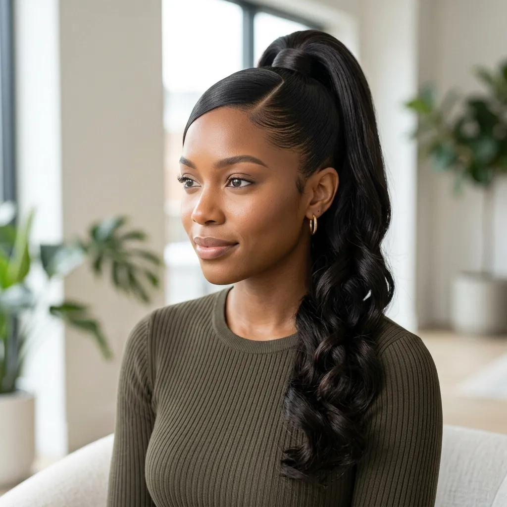 8. Deep Side Part into a High Weave Pony
