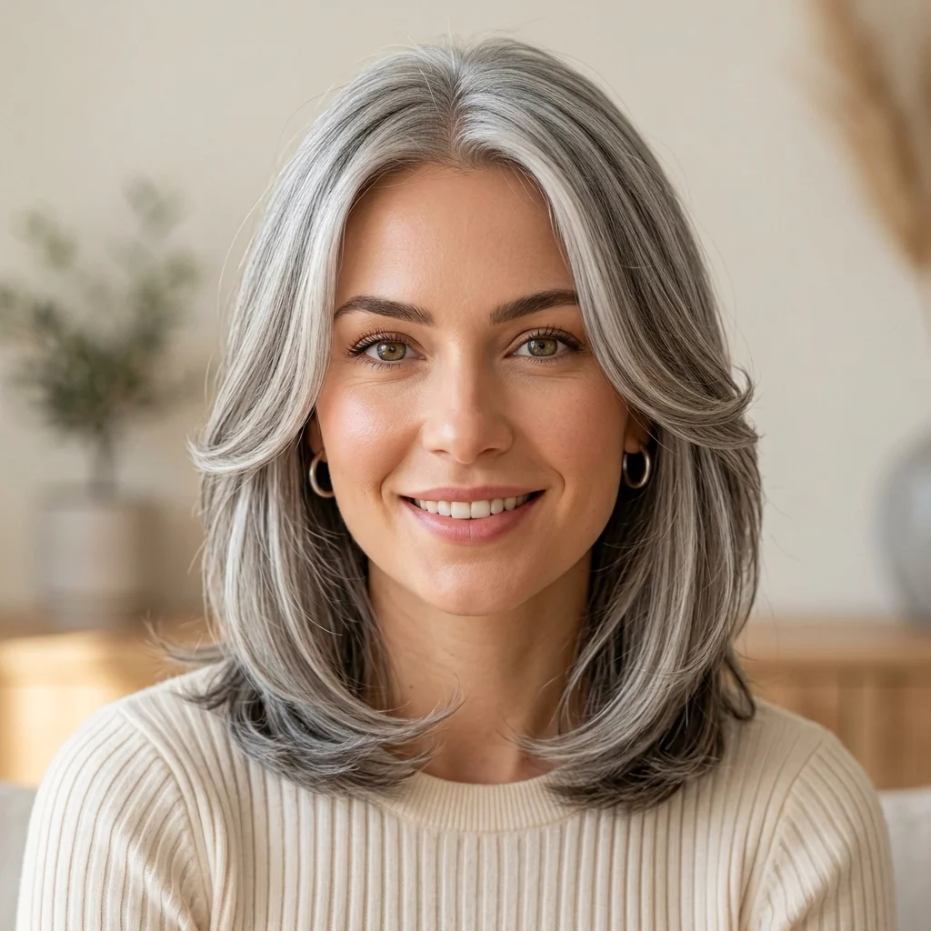 8. Gray Lob with Face-Framing Layers