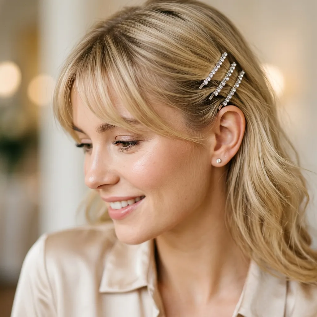 8. Rhinestone Hair Clips Pinned into Bangs Accessories Idea