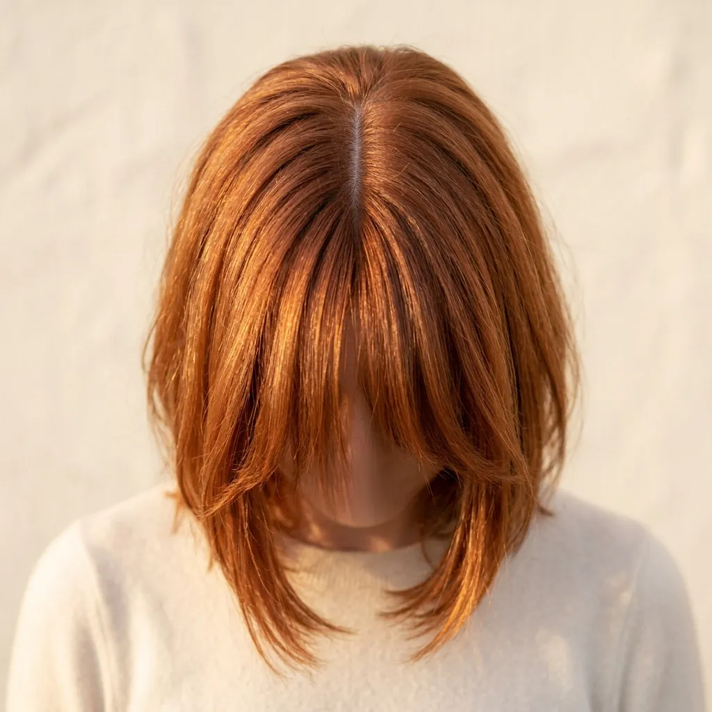 8. Soft Copper Bob with Feathered Curtain Bangs