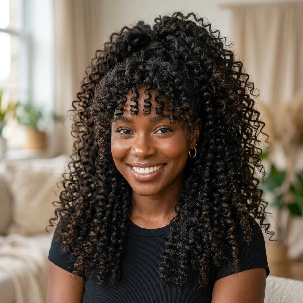 9. Curly Weave Ponytail with Curly Fringe