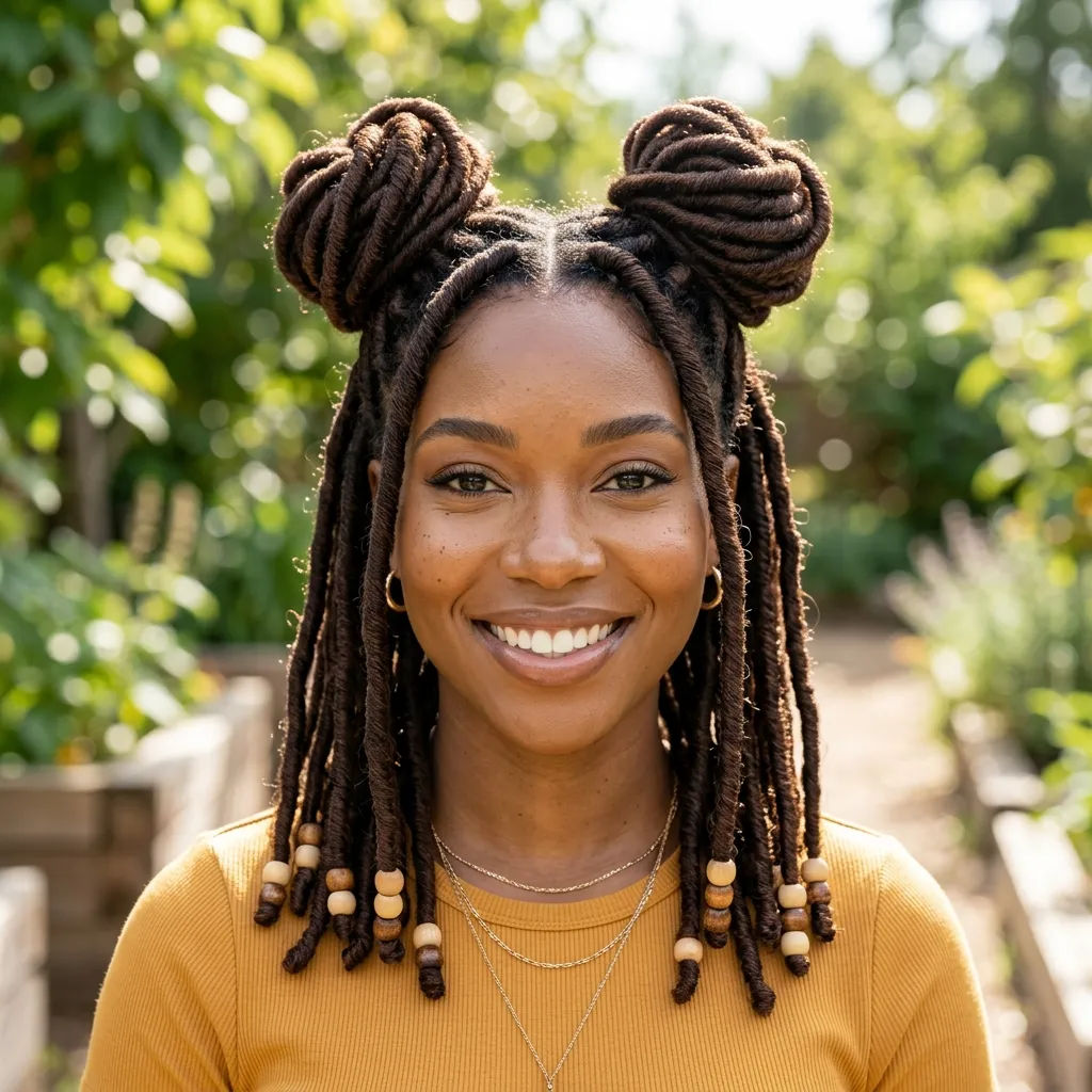 9. Faux Locs Styled Into Double Space Buns