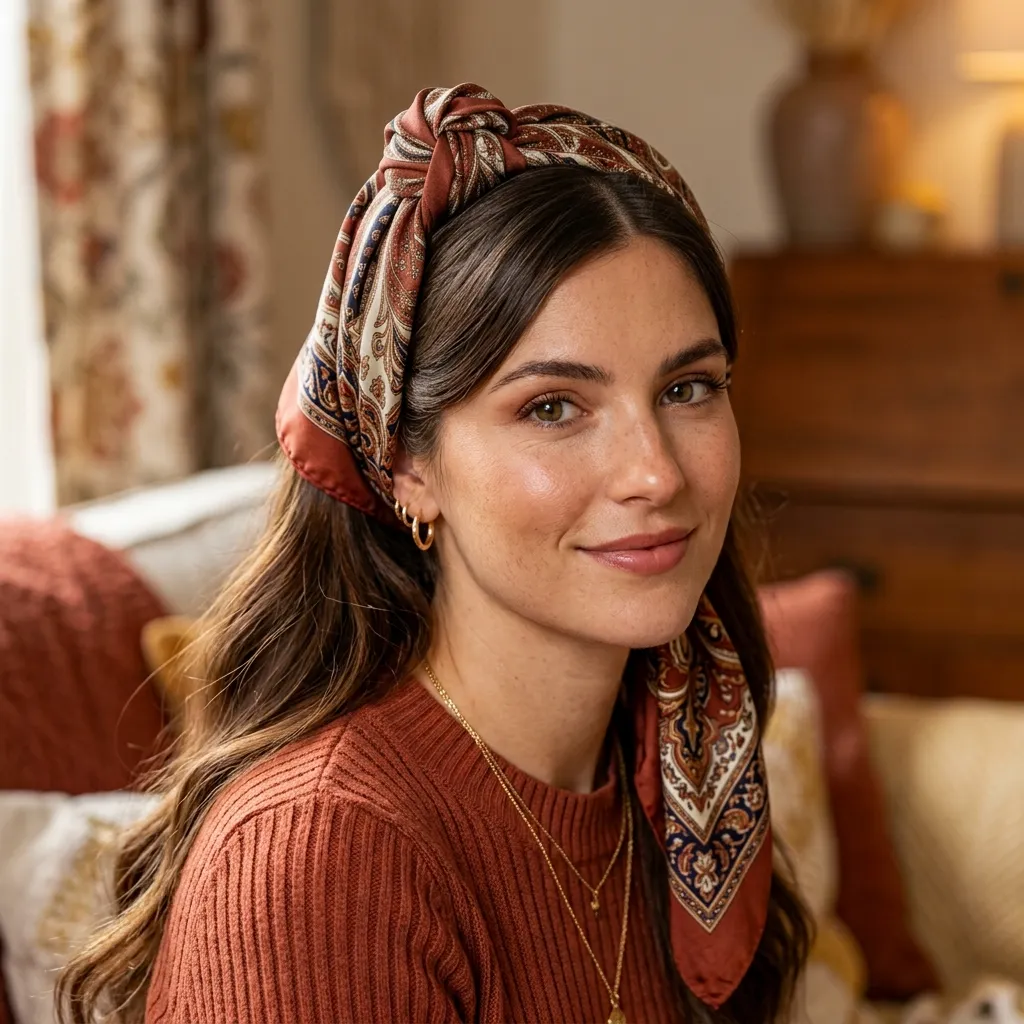 9. Silk Headscarf Wrapped at the Part