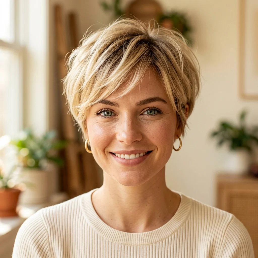 1. Buttery Blonde Choppy Pixie with Soft Root Shadow (COLOR)
