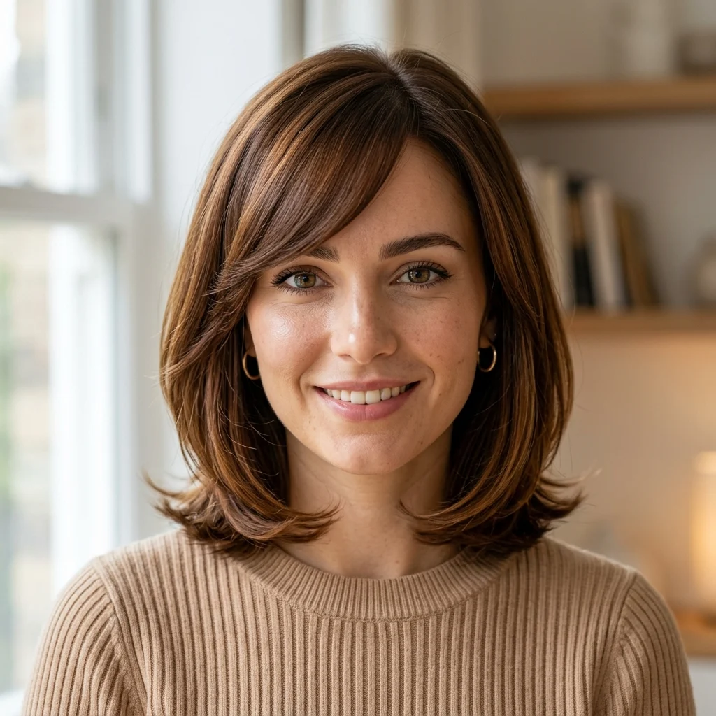 1. Chestnut Brown Side Fringe Bob