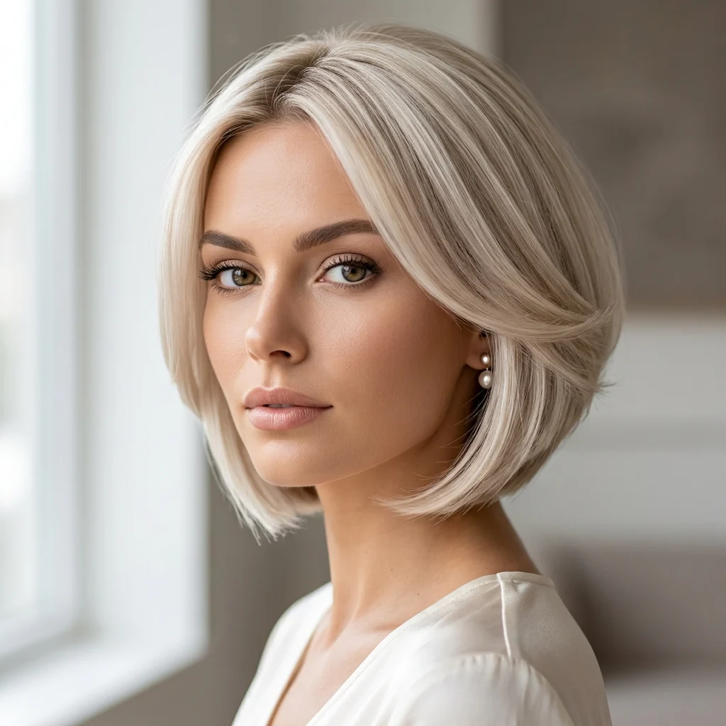 1. Classic Pearl Blonde Stacked Bob