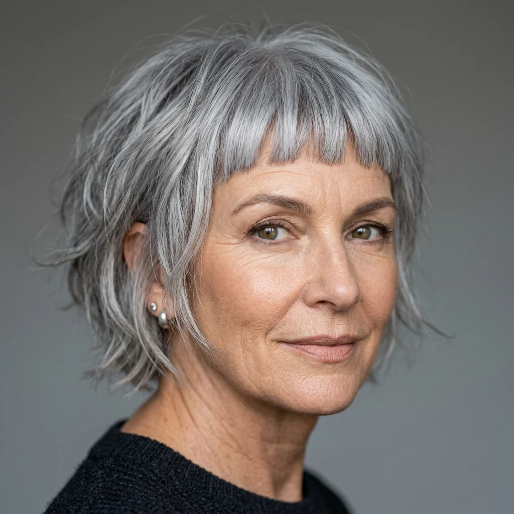 1. Classic Tousled Crop Bangs Silver Bob