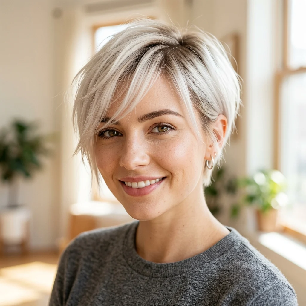 1. Platinum Blonde Wispy Pixie with Soft Root Melt (COLOR)