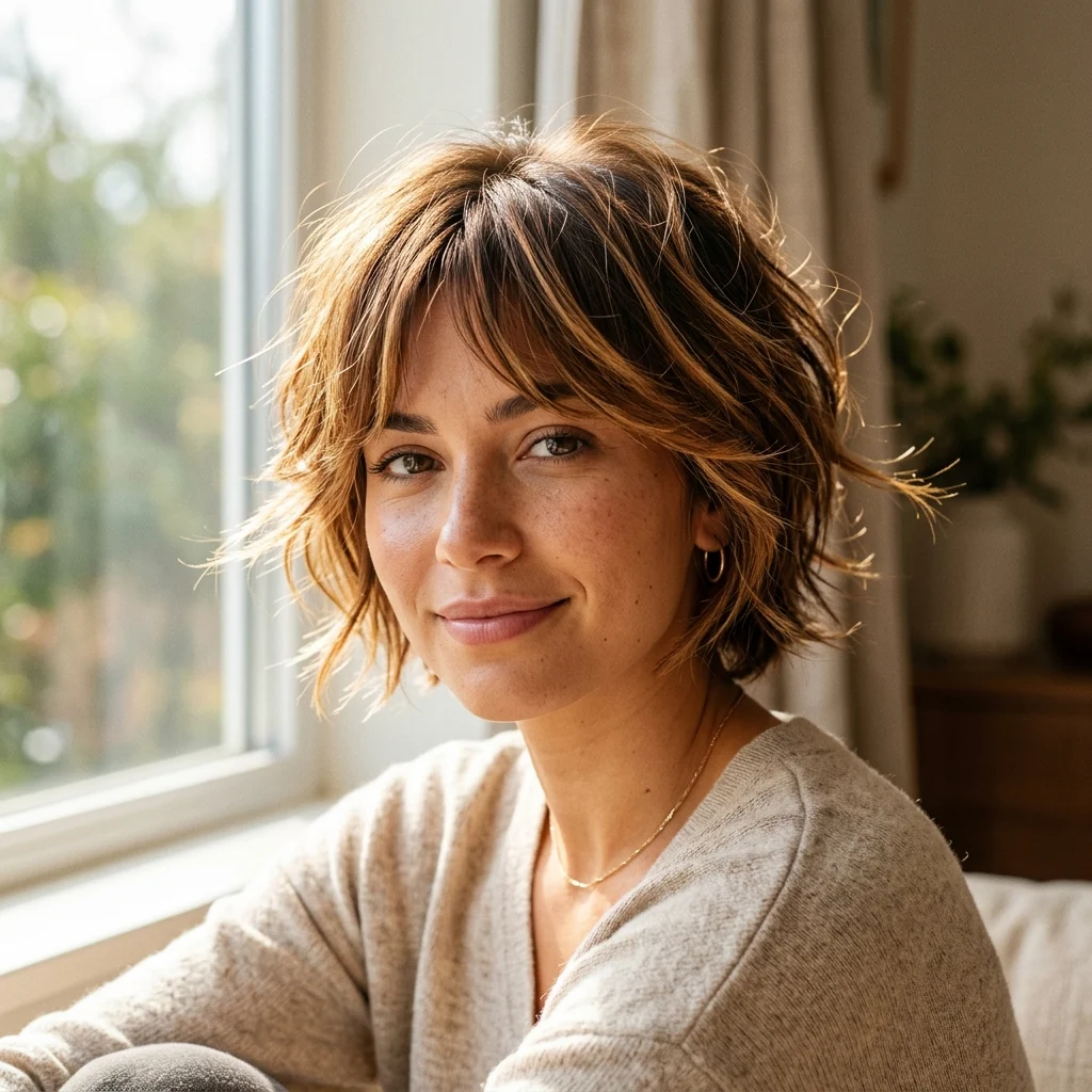 1. Razor-Cut Choppy Bixie in Warm Caramel (COLOR)