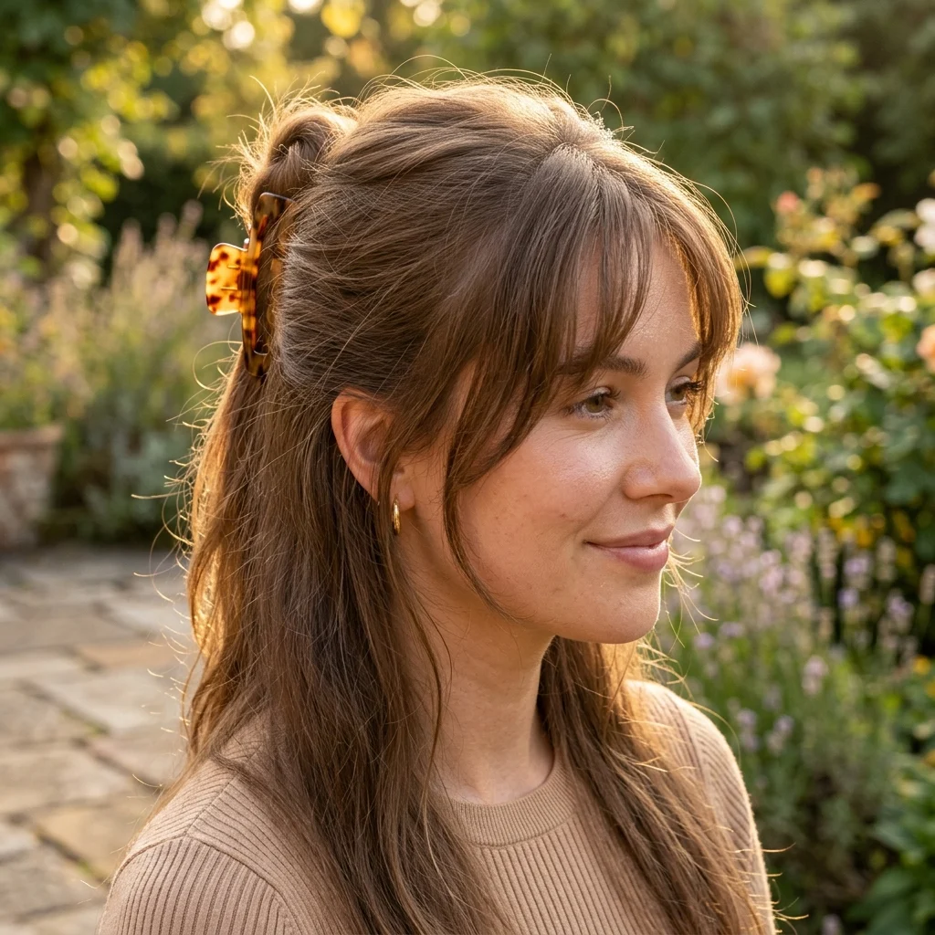 11. Claw Clip Half-Up with Bangs