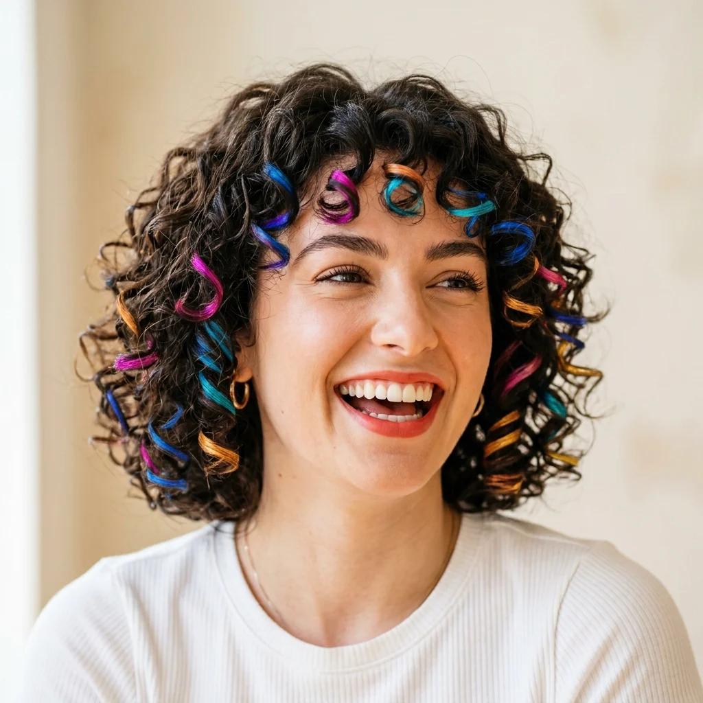 11. Curly Bob with Multicolor Confetti Highlights