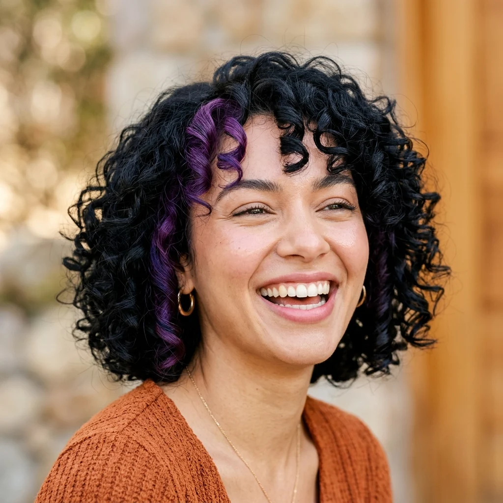 11. Curly Bob with Purple Money Piece on Black Base